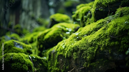 Close-up of vibrant green moss covering rocks in a forest, showcasing nature's lush, untouched beauty and serene atmosphere.