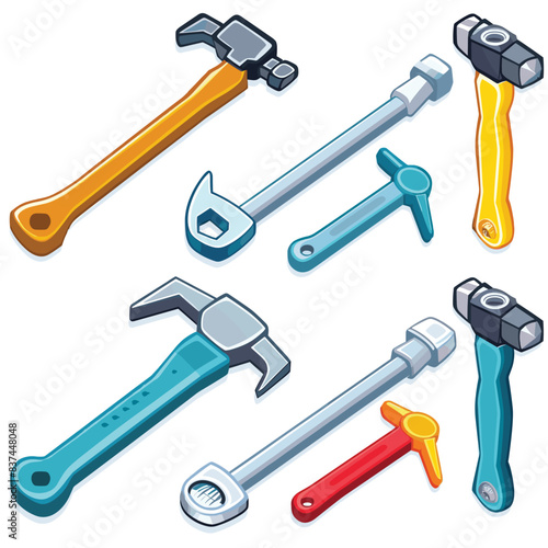 Assorted tools featuring wrenches, hammers, adjustable spanners cartoon style, vibrant colors. Illustrated hardware tools construction repair concept, isolated white background. Different tool types
