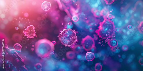 3D render of pink and blue cells flowing in the background, macro