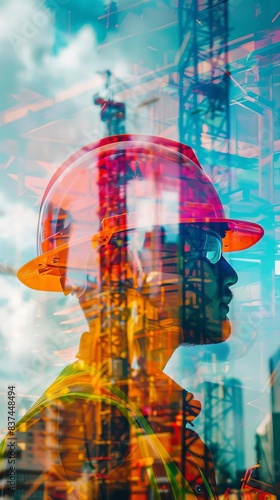 Double exposure of a construction worker with a cityscape background, symbolizing urban development and engineering.