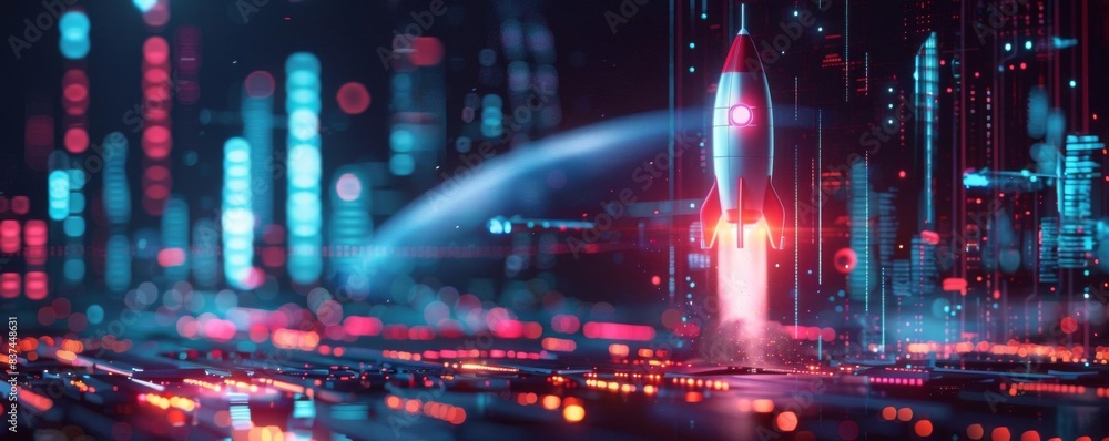 Futuristic digital landscape with neon lights and rocket, symbolizing technology and innovation in a cybernetic world. Futuristic digital landscape with neon lights and rocket, symbolizing technology and innovation in a cybernetic world.