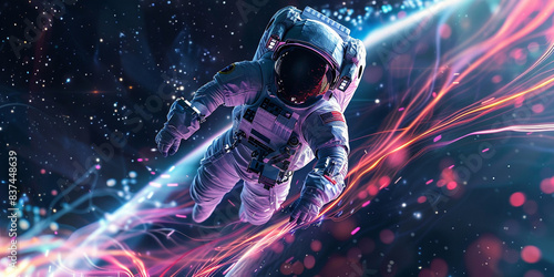 A neon astronaut in a suit floating in space