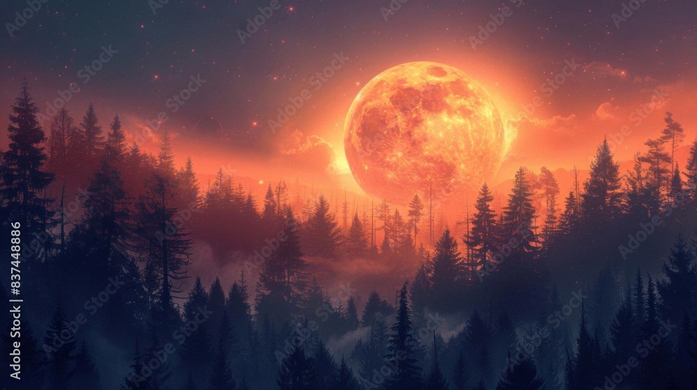 Majestic full moon rising over a mystical forest with vibrant red and blue hues, creating a captivating and enchanting night scene. Majestic full moon rising over a mystical forest with vibrant red and blue hues, creating a captivating and enchanting night scene.