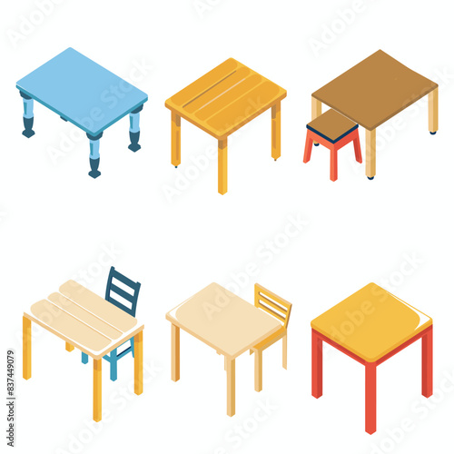 Isometric tables chairs collection various designs, colors, suitable interior design illustration. Furniture set includes blue table, yellow table, brown stools chairs. Different angles perspectives
