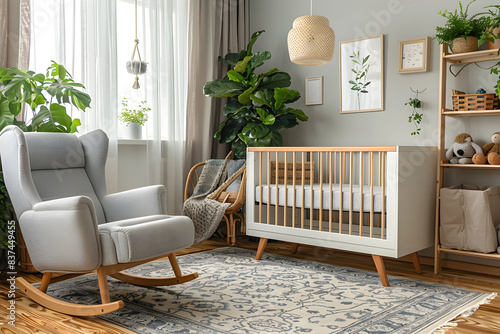 Modern beige nursery with white crib, grey rocking chair, patterned rug, changing table with storage, bookshelf with children's toys, large window with blackout curtains, and soft cozy atmosphere