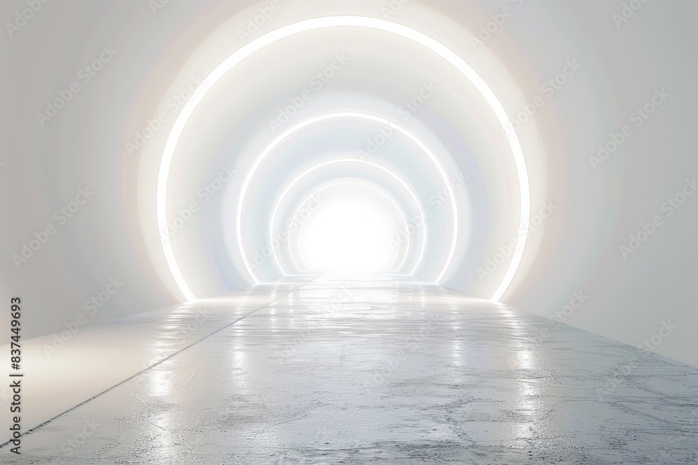 Futuristic white tunnel with glowing arches and a bright light at the end. Sci-fi concept with minimalist, modern design. Futuristic white tunnel with glowing arches and a bright light at the end. Sci-fi concept with minimalist, modern design.