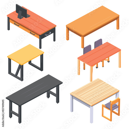 Isometric furniture collection showing various tables. Modern office desk computer, dining table chairs, minimalistic tables interior design. Isolated white background, colorful 3D render tables