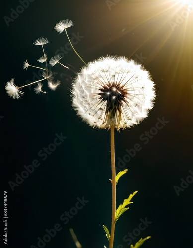 A lone dandelion illuminated by a sunbeam  with seeds dispersing in the wind on a dark background