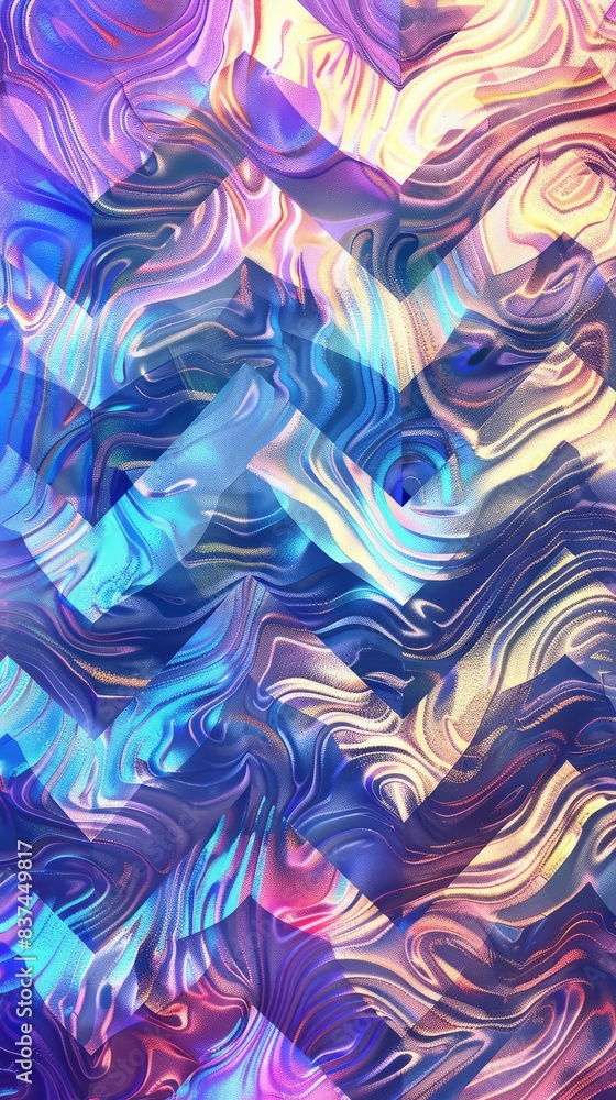 Obraz premium Iridescent Chevron Pattern with Pastel Colors. Abstract iridescent chevron pattern featuring holographic effects in vibrant pastel colors, creating a dynamic and modern design.