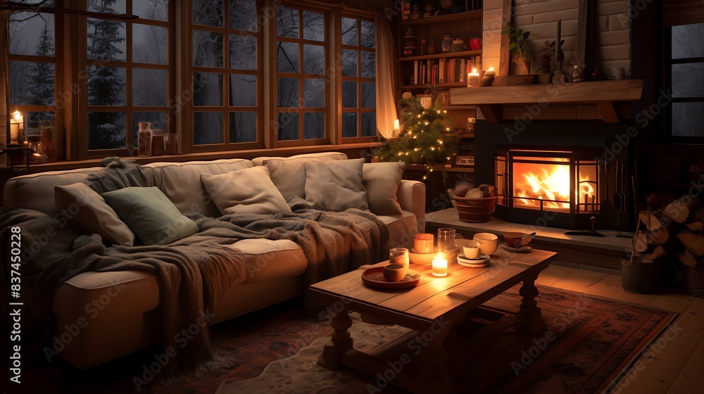 A cozy living room with a plush sectional sofa, soft throw blankets, and a crackling fireplace