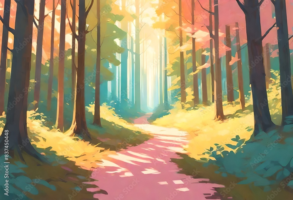 Fototapeta premium autumn in the forest Forest Path: A serene forest path with tall trees and dappled sunlight.
