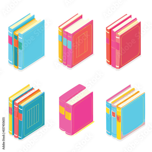 Bright collection isometric books various colors, perfect educational concepts. Stylized reading material suitable icon design library graphics. Books isometric perspective ideal academic