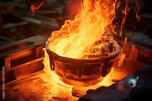 Molten metal pouring into container with intense flames in industrial foundry, showcasing the process of metalworking and heat. photo