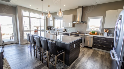 Showcasing a modern open concept kitchen featuring a large island with seating for a family