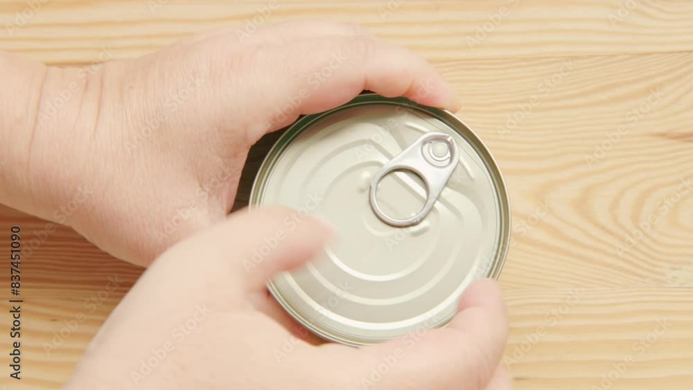 caucasian hands opens tin can on wooden board surface, opening with ring-pull opener, Independent living skills, Everyday kitchen essentials, everyday task preparing food at home