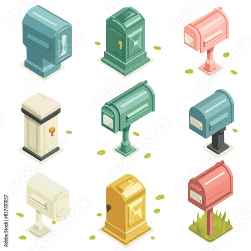 Assortment colorful mailboxes isometric style. Different types mailboxes traditional, modern, vintage styles isolated white background. Postal service collection, isometry graphic design