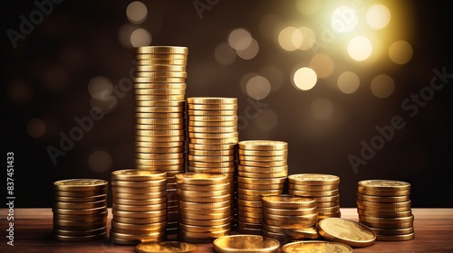 Stack of shiny gold coins piled up on a wooden surface with a glowing bokeh background, symbolizing wealth and financial growth.