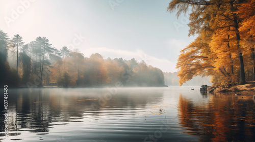 Misty morning on the lake in autumn
