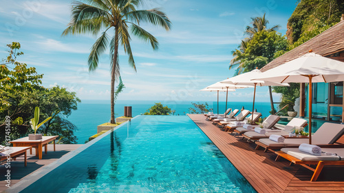 Tropical Luxury Resort with Infinity Pool and Loungers Overlooking Ocean