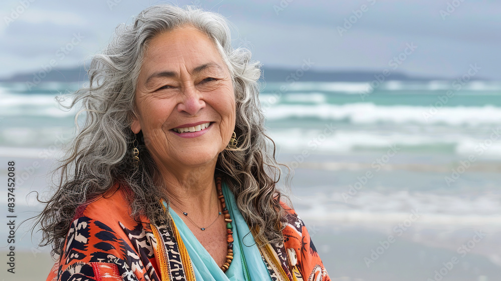 Maori Mature Woman with Gray Hair at Beach, Smiling Maori Mature Woman with Gray Hair at Beach, Smiling