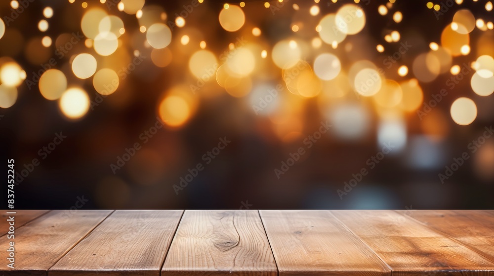 Wooden table with warm glowing bokeh lights in the background, suitable for celebration, party, and festive decorations. Wooden table with warm glowing bokeh lights in the background, suitable for celebration, party, and festive decorations.