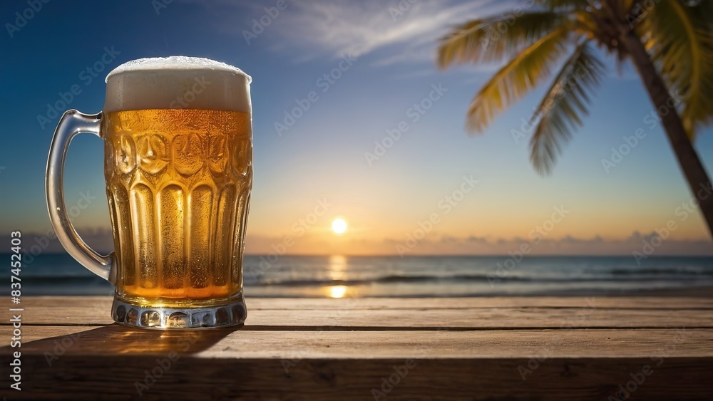 Frosty mug of beer on a beachside table with a sunset ocean view Frosty mug of beer on a beachside table with a sunset ocean view