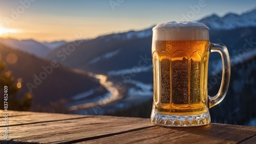 Frosty mug of beer on a wooden deck overlooking snow capped mountains at sunset