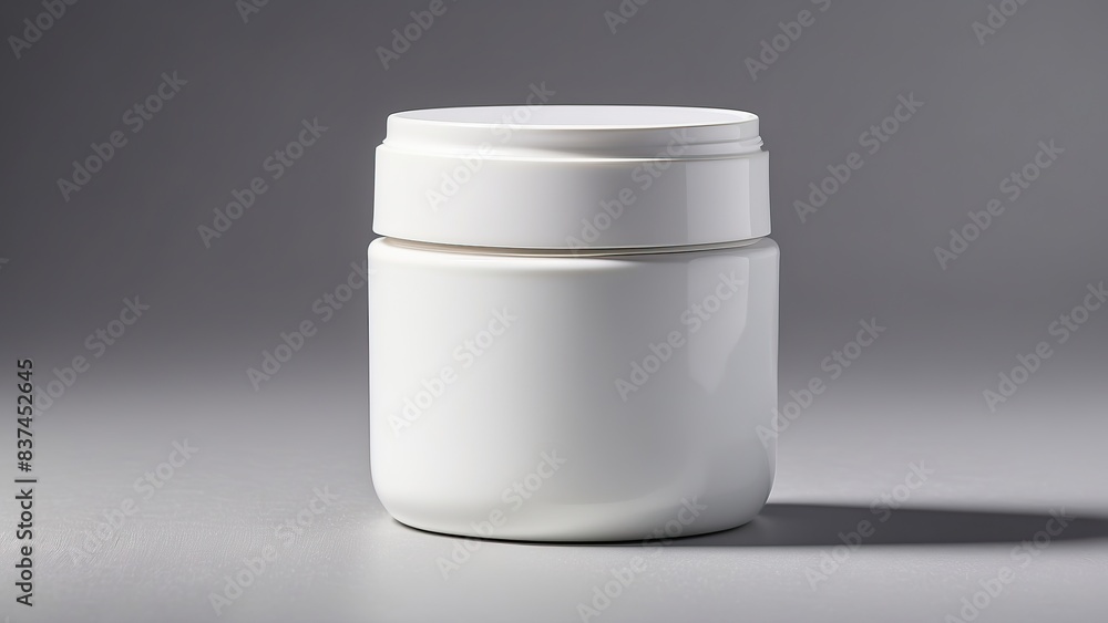 Plain white cosmetic jar against a gray background for minimalist product design Plain white cosmetic jar against a gray background for minimalist product design