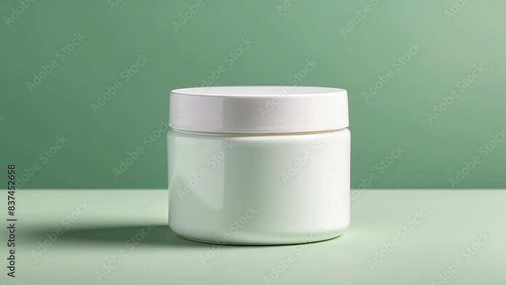 Plain white cosmetic jar on a green background, ideal for skincare product ads Plain white cosmetic jar on a green background, ideal for skincare product ads