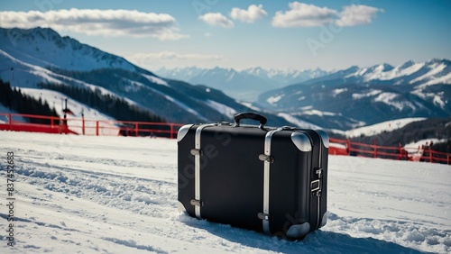 Travel suitcase on a snowy slope of a ski resort with mountains in the background