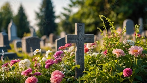 A serene cemetery scene with a stone Christian cross and flowers, symbolizing faith and peace