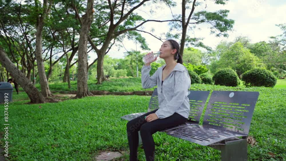 Attractive Asian woman in sportswear drinking water from a bottle after jogging exercise at public park. Healthy girl athlete enjoy outdoor lifestyle sport training fitness workout running in the city