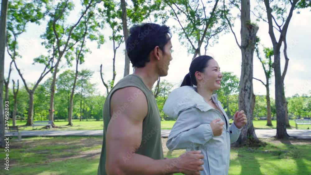 Asian couple in sportswear jogging exercise at public park together in summer morning. Healthy man and woman athlete enjoy outdoor activity lifestyle sport training fitness running workout in the city Asian couple in sportswear jogging exercise at public park together in summer morning. Healthy man and woman athlete enjoy outdoor activity lifestyle sport training fitness running workout in the city