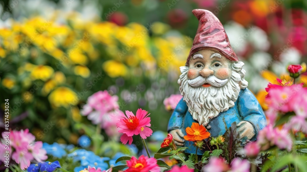 Obraz premium Gnome statue in colorful garden surrounded by blooming flowers