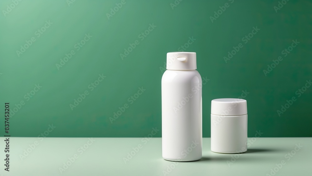 Plain white cosmetic bottle on a green background for minimalist skin care branding Plain white cosmetic bottle on a green background for minimalist skin care branding