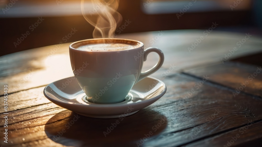 Obraz premium White cup of coffee on a vintage table with a soft bokeh background