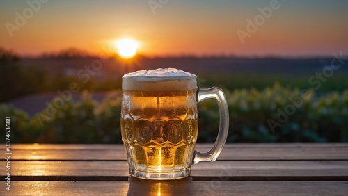 Frosty mug of beer on a patio table at sunset, evoking relaxation and freshness