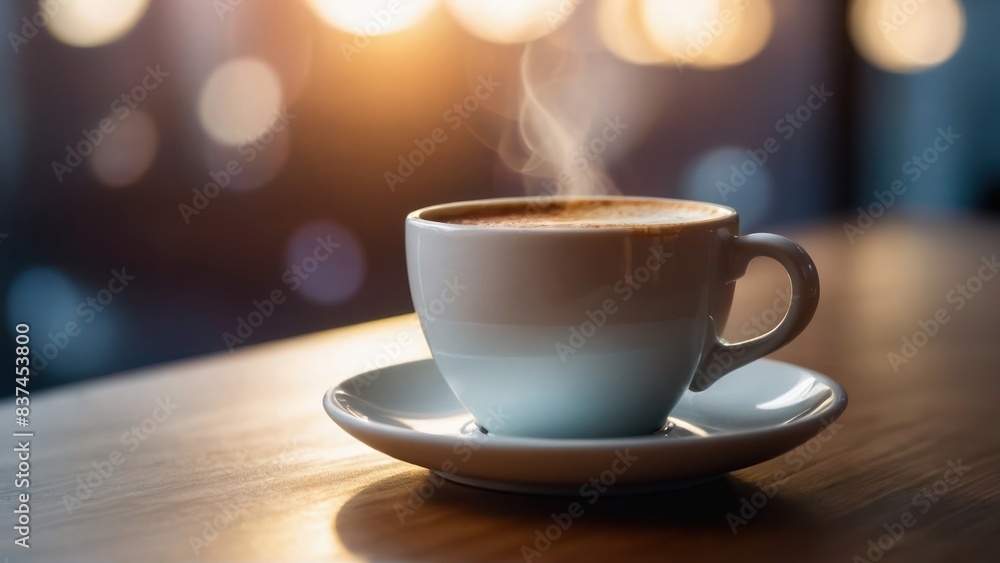 A white cup of coffee on a sleek desk with a sunset in the background A white cup of coffee on a sleek desk with a sunset in the background
