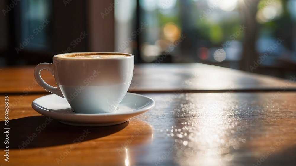 A white cup of coffee on a cozy cafe table with a soft focus and warm atmosphere A white cup of coffee on a cozy cafe table with a soft focus and warm atmosphere