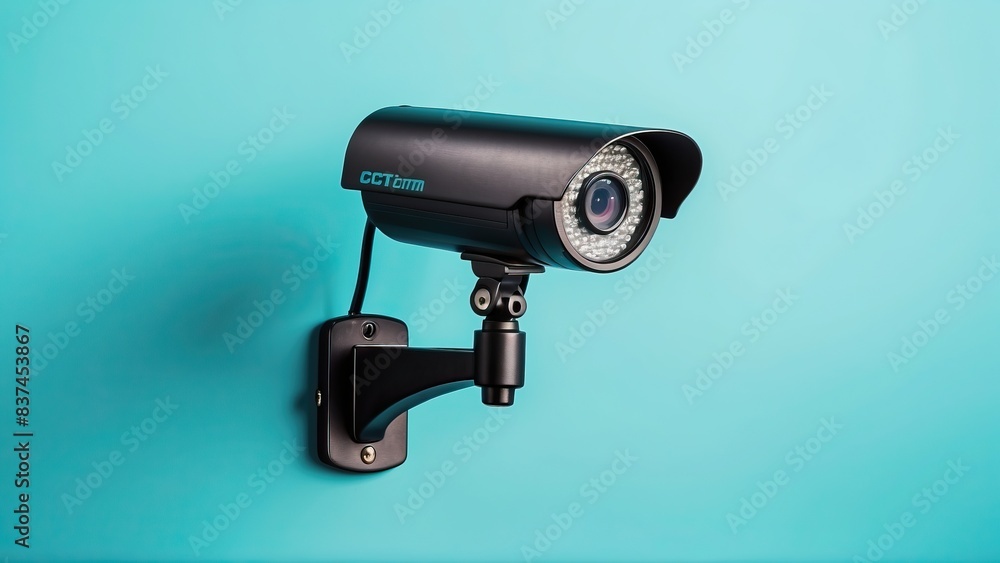 Security camera on a blue wall, symbolizing safety and surveillance Security camera on a blue wall, symbolizing safety and surveillance