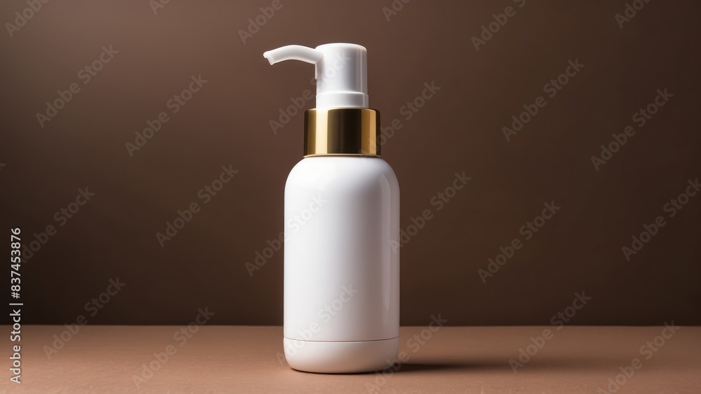 Plain white cosmetic pump bottle against a brown background, modern and elegant Plain white cosmetic pump bottle against a brown background, modern and elegant