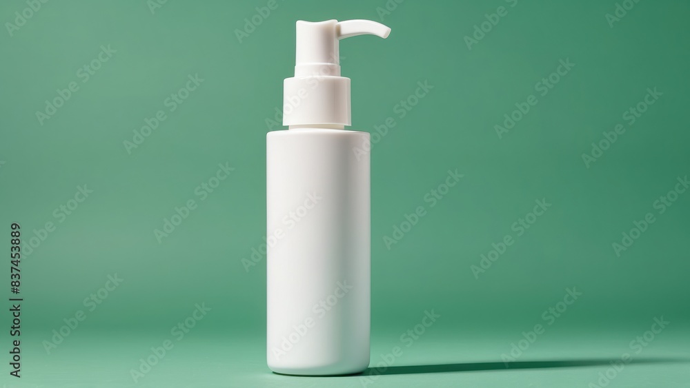 Plain white cosmetic pump bottle on green background, minimalist and elegant design Plain white cosmetic pump bottle on green background, minimalist and elegant design
