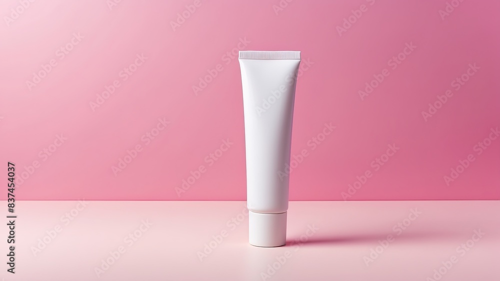 Plain white cosmetic tube on a pink minimalist background, ideal for skincare branding Plain white cosmetic tube on a pink minimalist background, ideal for skincare branding