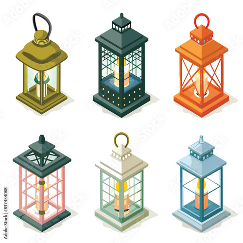 Six isometric vintage lanterns various designs colors. Decorative lanterns feature intricate details, glowing candles inside, suitable festive decoration. Isometric lanterns, colorful, adornment
