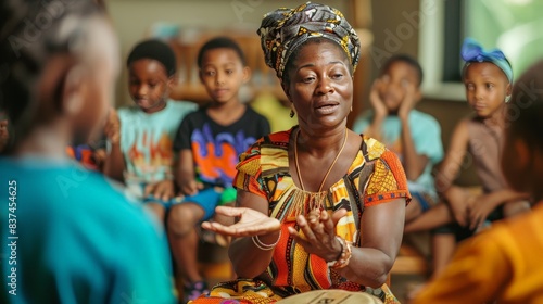 A woman wearing traditional African attire, teaching a group of children about her heritage photo