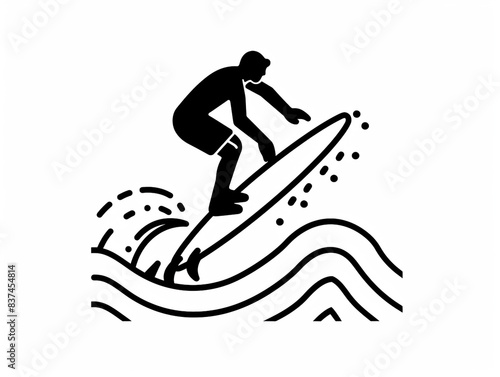 Line art icon illustration of a surfer riding a wave