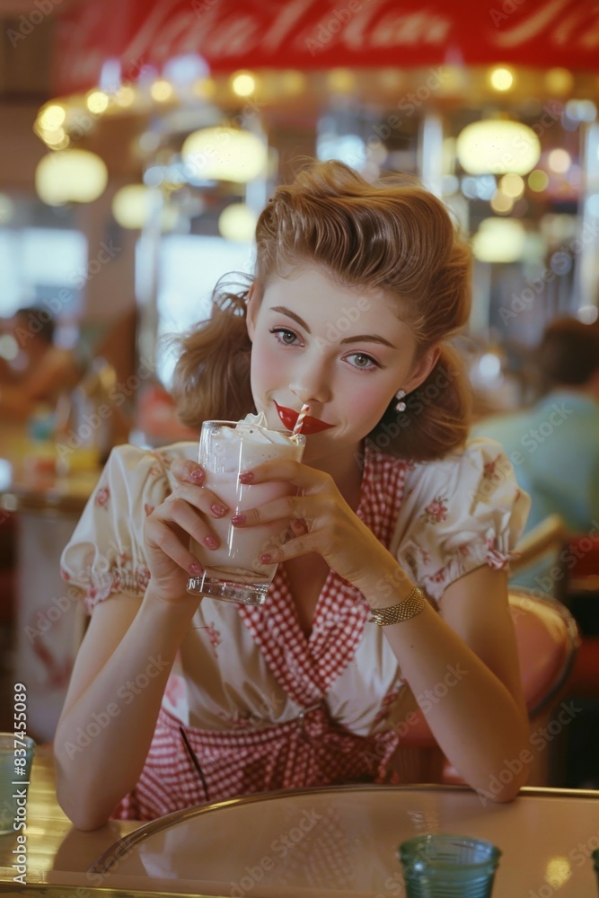 A woman sitting at a 1950s soda fountain counter, sipping a milkshake with a cheerful expression, capturing the nostalgic charm of the era. A woman sitting at a 1950s soda fountain counter, sipping a milkshake with a cheerful expression, capturing the nostalgic charm of the era.