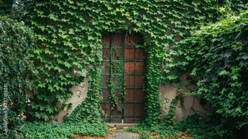 Rustic wooden door covered with vibrant green ivy and surrounded by dense foliage