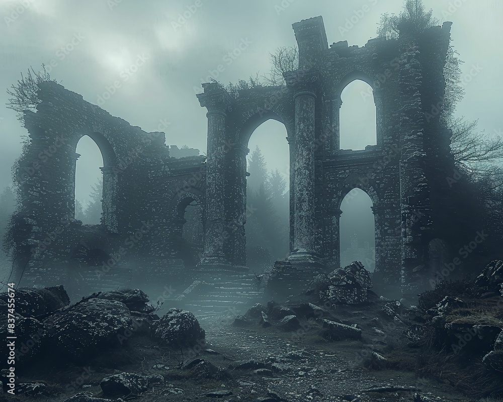 Mystical ruins emerging from the morning mist, wide-angle shot with foggy background, capturing the ethereal atmosphere and ancient architecture, mysterious and enchanting. Mystical ruins emerging from the morning mist, wide-angle shot with foggy background, capturing the ethereal atmosphere and ancient architecture, mysterious and enchanting.