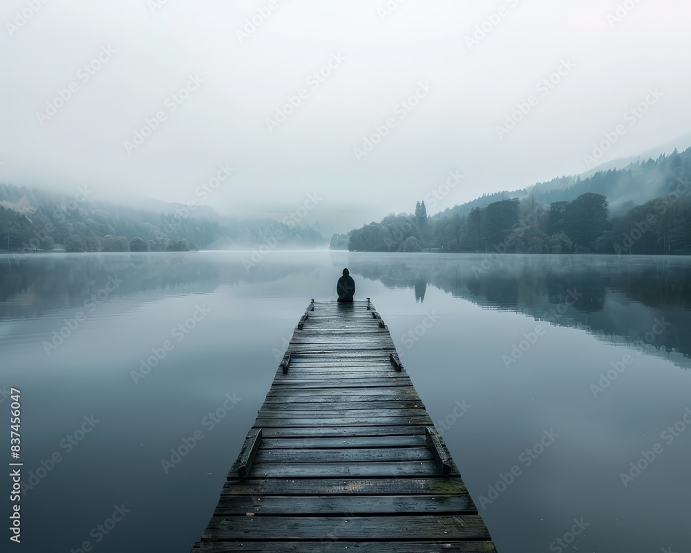 Fototapeta premium Solitary Figure on a Foggy Morning by the Lake